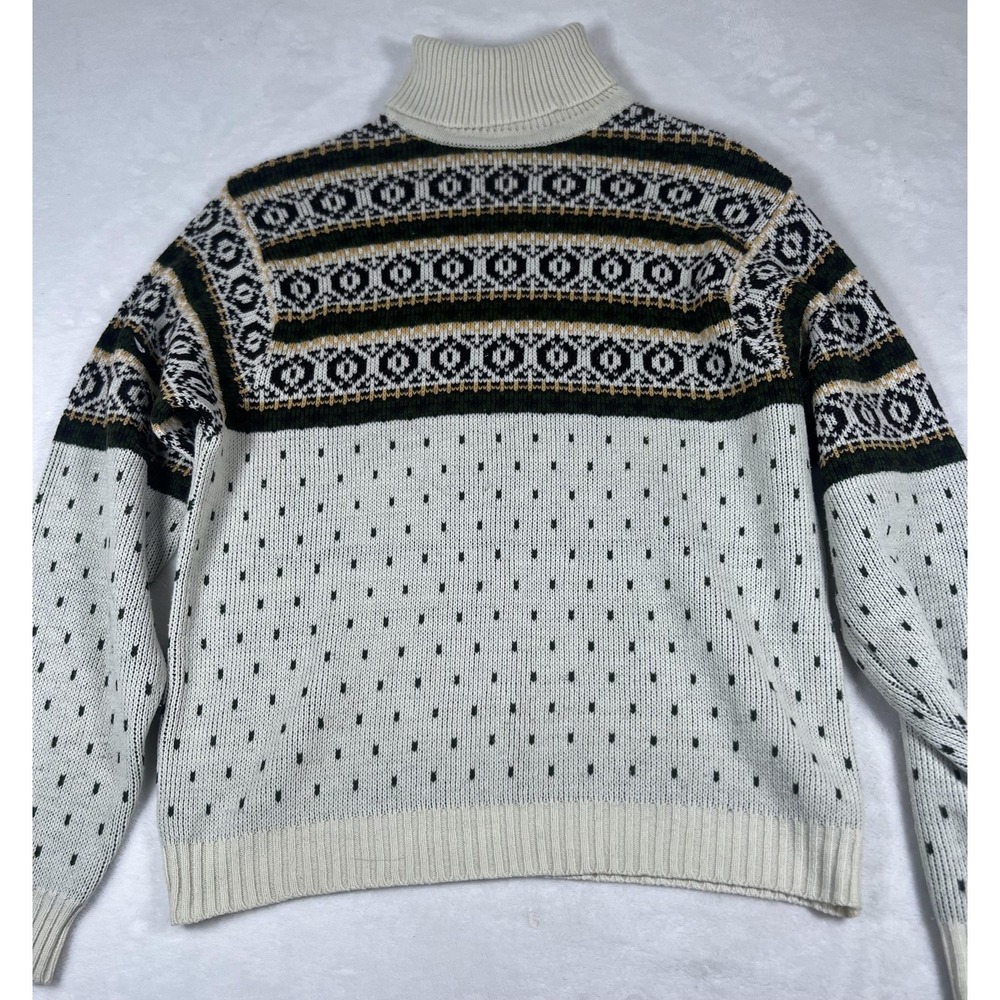 Fair Isle Turtleneck Sweater Mens Large Cream Green Knit Winter Pullover Pattern